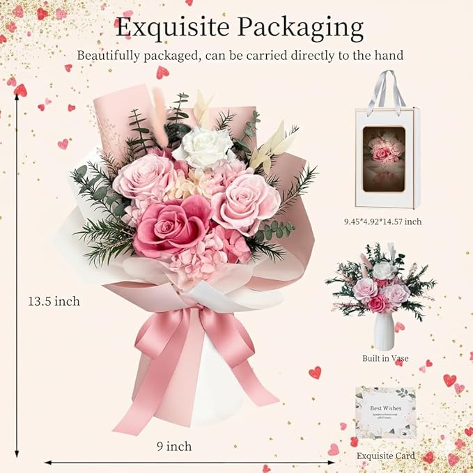 FNCHAI Flowers for Delivery Preserved Roses Bouquet Real Pink Forever Rose in Box Birthday Gifts for Women Wife Mother Day Anniversary Graduation (Pink)