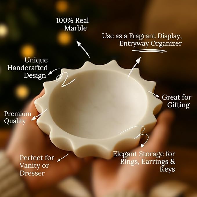 HandCrafted Marble Large Decorative Bowl | White Decorative Bowl for Home Decor | Fruit Bowl | Key/Ring Dish | Coffee Table Bowl | Fluted Scalloped Catch All Bowl for Entryway | Ideal Gift (9 Inches)
