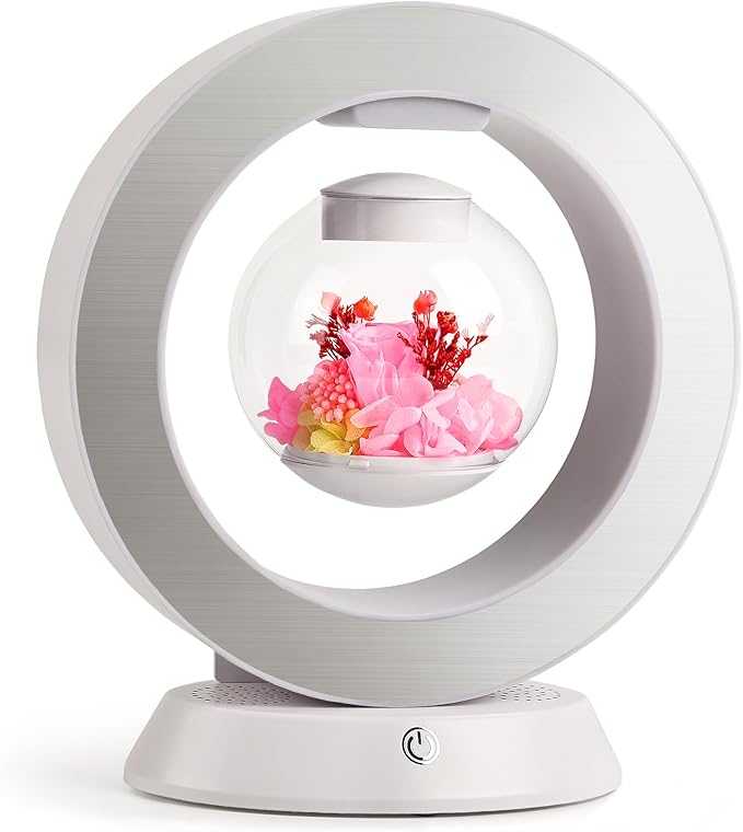 LoveLin,Magnetic Levitation Table Lamp with Bluetooth Speaker,5W Circle Variable Color Led Night Light,Rotate 360° Forever,Romantic Preserved Flowers Lamp for Restaurant Office & Home Decor
