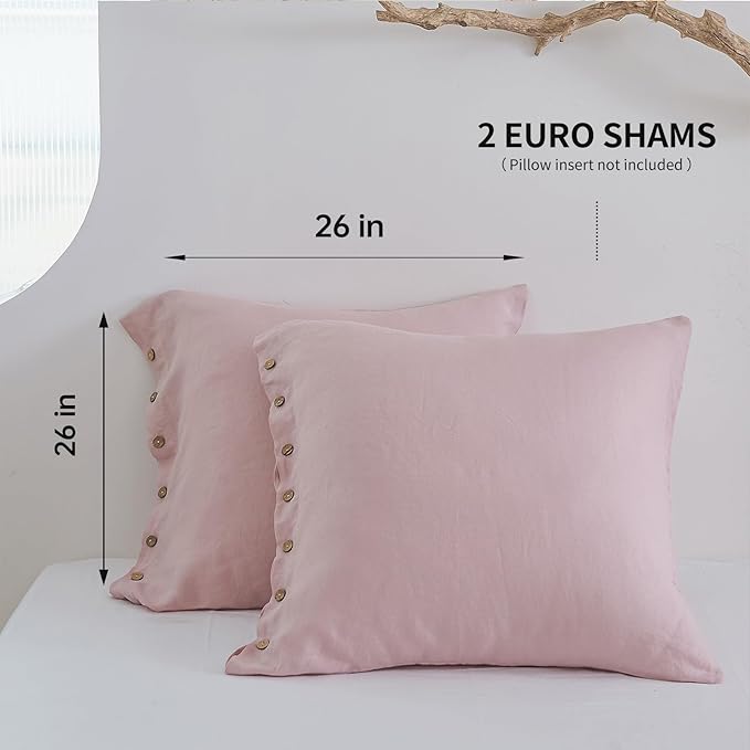 Simple&Opulence 100% Washed Linen Euro Sham Cover, 26 x 26 Inch, Decorative Bed Pillow Cover with Coconut Button, Solid Color Pillow Shams Set of 2 (Blush Pink)