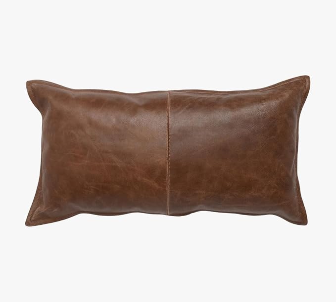 Genuine Leather Pillow Cover Case for Lumbar Throw Couch Pillows - Modern Farmhouse Decorative Sofa Thick & Soft Cushion Covers (Antique Brown, 16" x 24")