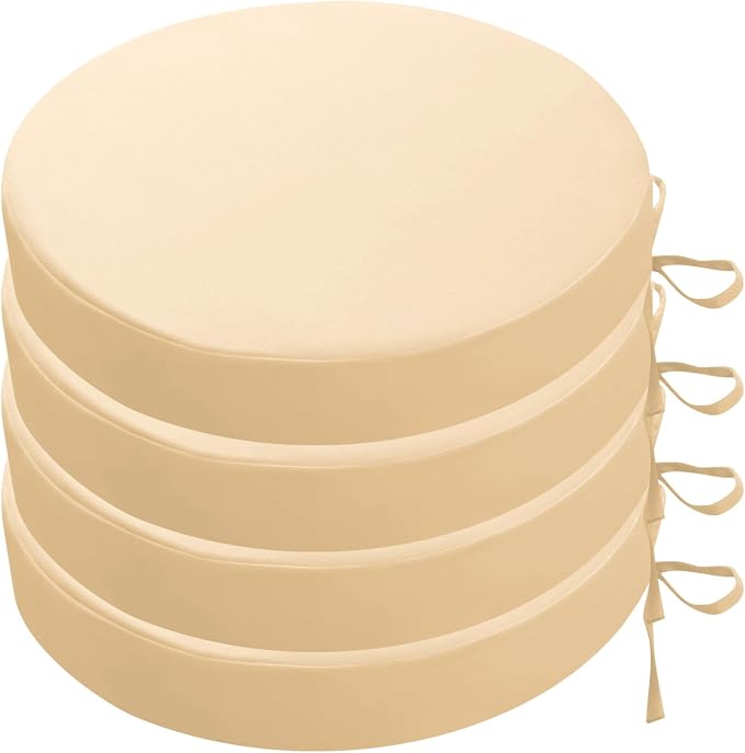 SK Studio Round Outdoor Chair Cushions for Patio Furniture, Set of 4 Waterproof Patio Chair Cushion with Adjustable Ties for Garden Sofa Couch, Khaki, 17"x17"x3"