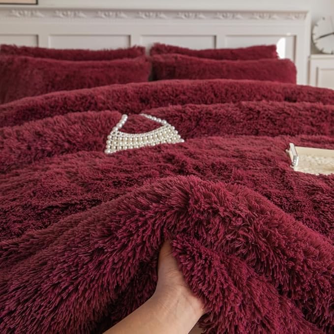 chovy Faux Fur Plush Wine Red Comforter Sets Twin/Full Size - Ultra Soft Shaggy Flannel Velvet Fluffy Fuzzy 3PC Bedding Set (Comforter x 1 Pillowcases x 2)