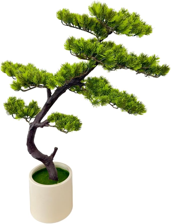 3FT Artificial Bonsai Pine Tree, Realistic Faux Pine Bonsai with Natural-Looking Trunk and Moss Pot, Maintenance-Free Indoor Artificial Tree for Living Room, Office, Entryway Decor