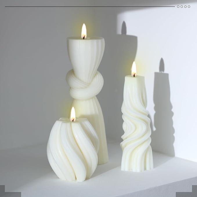 Threlaco 6 Pcs Ribbed Pillar Candles Modern Aesthetic Ribbed Decorative Candle Set Cute Soy Wax Scented Decor for Home(Milky White)