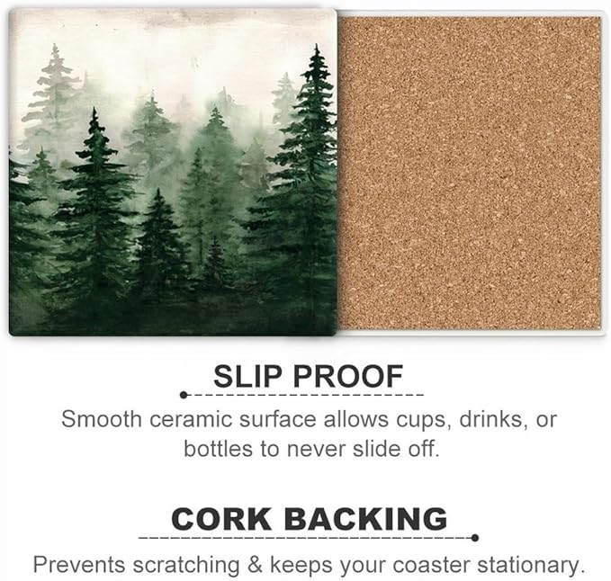 Drink Coasters for Drinks Set of 6, Watercolor Landscape Pine Forest Absorbent Square Ceramic Stone Mat Coaster, with Cork Base and Metal Holder, Home Bar Decor House Warming Gift