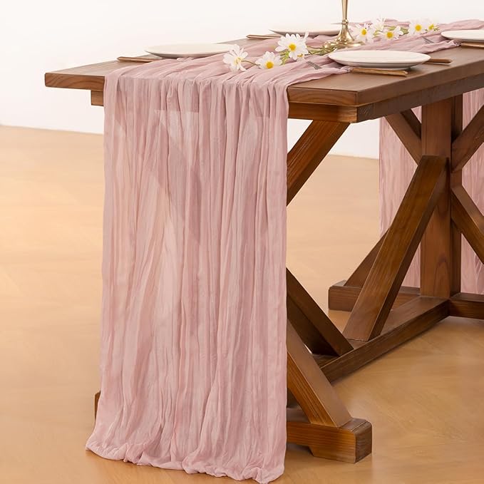 Socomi 2pcs Pink Cheesecloth Table Runner Easter Spring Boho Rustic Gauze Dusty Pink Farmhouse 120 inch 10FT Cheese Cloth Runner for Wedding Party Baby Shower Birthday Home Decor