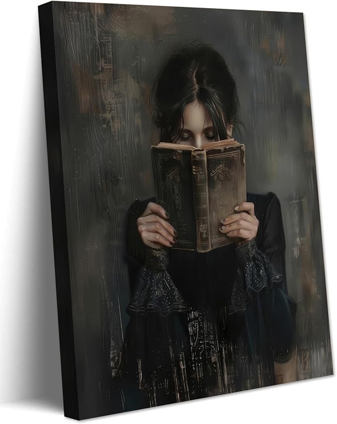Dark Academia Book Wall Art Vintage Gothic Victorian Woman Reading Wall Decor Poster Painting Picture Moody Girl Aesthetic Canvas Print for Bedroom Living Room Dorm Library Corner 12x16Inch Framed