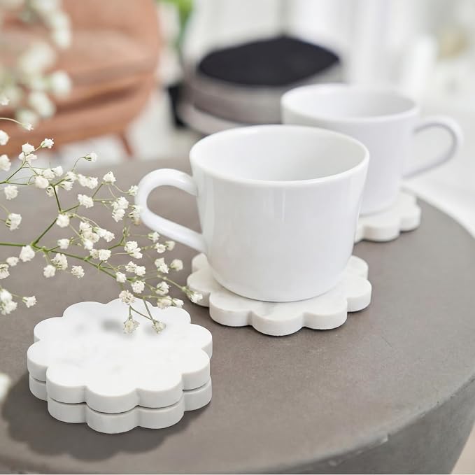 6 Piece Marble Coaster Set 4 x 4 Inch Natural Stone Coasters Scalloped Calacatta White Stone, Luxury Home Decoration, Drink Coasters for Coffee Table, Desk, Bar, Elegant Tabletop Accessories