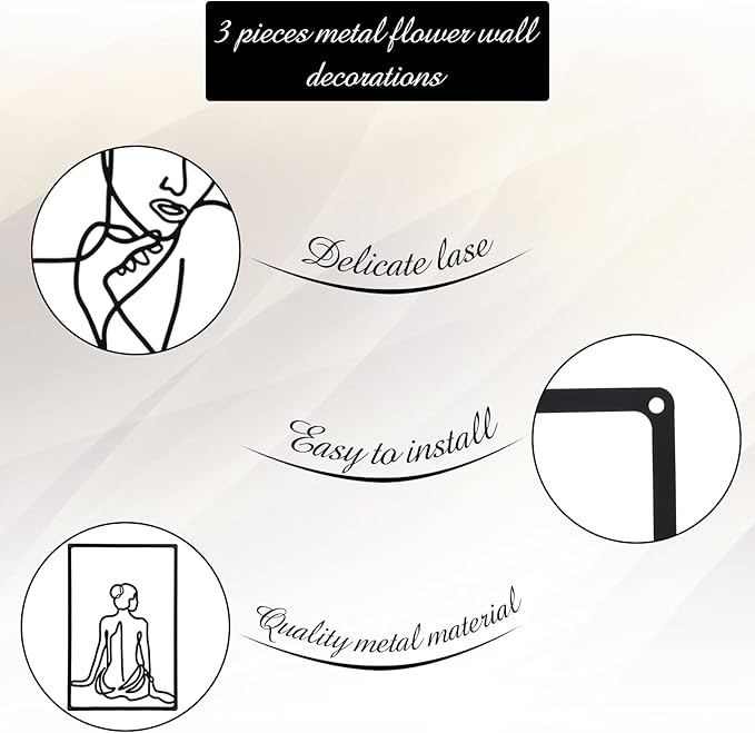 CHENGU 3 Pieces Metal Minimalist Abstract Woman Wall Art Line Drawing Wall Art Decor Single Line Female Home Hanging for Kitchen Bathroom Living Room