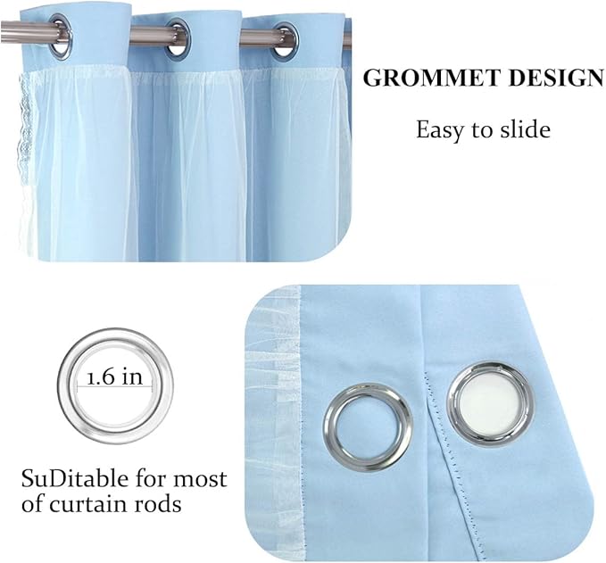 Extra Long Light Blue Blackout Double Layers Curtains Set, Mix & Match Elegance Blue with White Crushed Voile Drapes for Living Room with tie-backs, Nursery, Kids' room, Bedroom, 52'' x108''