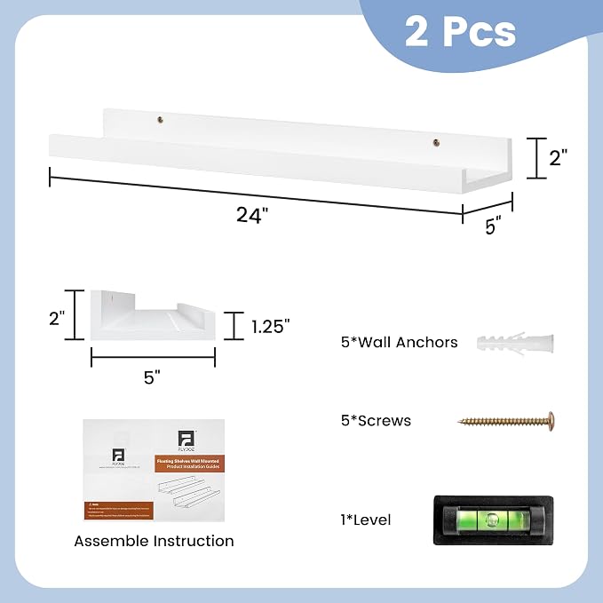Picture Ledge Shelf for Wall, 24 inch Solid Pine Wood Nursery Book Shelves 2 Packs, Floating Ledge Shelves for Kids' Room Bedroom Bathroom Living Room Photo Frames Office Nursey Wall Decor, White