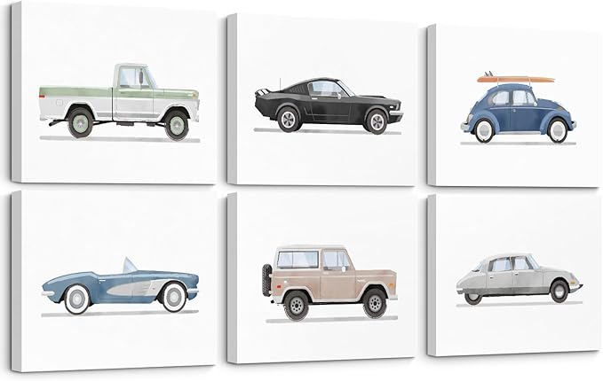 Blue Car Wall Art Decor Boys Room Wall Art Vintage Cars Canvas Poster Pictures Toddler Kids Room Prints Watercolor Vehicle Artwork Painting for Boys Bedroom Nursery 8x10 Inch Framed Set of 6