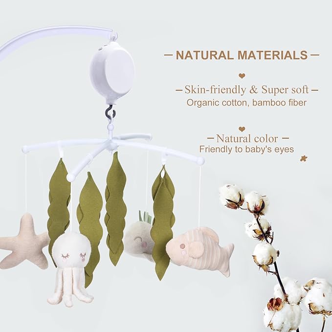 Crib Mobile 35 Lullaby Music,Cotton Baby Mobiles for Cribs & Pack N Play, Easy to Install, Stuffed Animals Hanging Toys Newborn Boys & Girls, Ocean Nursery Decor