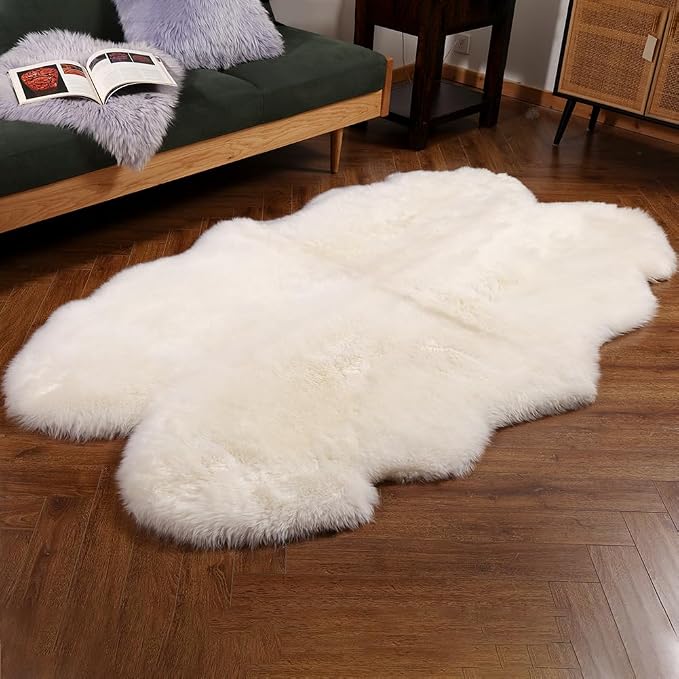 IRIWOOL Premium Genuine Fur Sheepskin Rug Real Australia Sheepskin Natural Luxury Fluffy Lambskin Fur Area Rug Seat Covers for Kids Bedroom Sofa Chair Cover (Creamy White, 4ft x 6ft)