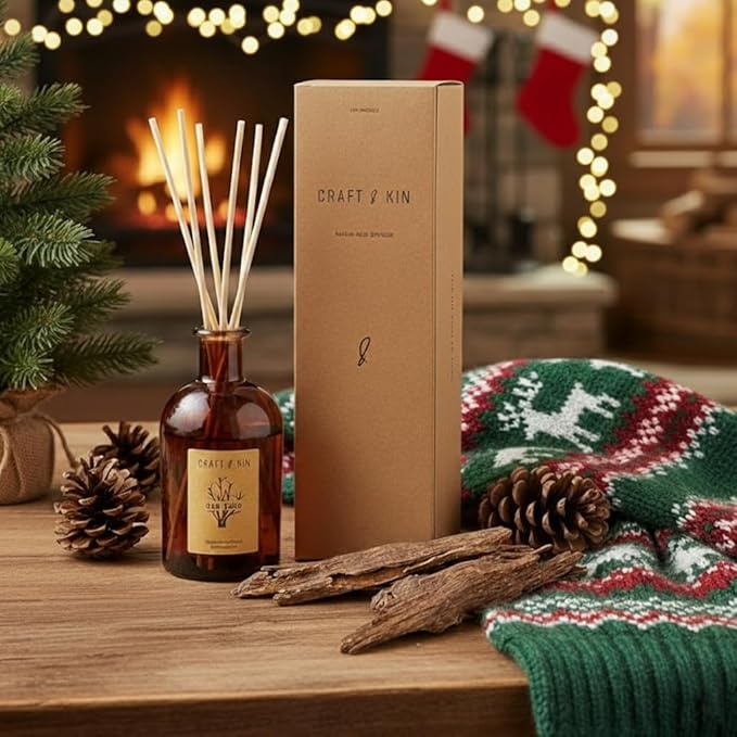 Craft & Kin Oud Wood Diffuser Reed Diffuser | All Natural Essential Oil & 8 Rattan Scent Sticks | Reed Diffusers for Home, Bathroom | Long Lasting Home Fragrance in Amber Glass, 5.75oz