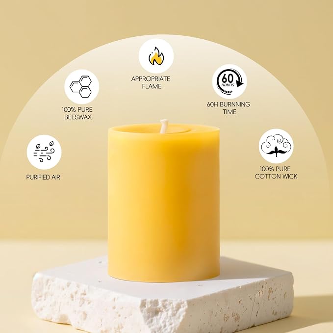6 Pack Beeswax Pillar Candles, 360 Hours 3x4in Beeswax Pillar Candle Pure Natural Bee Wax Candle for Home, Emergency, Relax, Dripless & Smokeless
