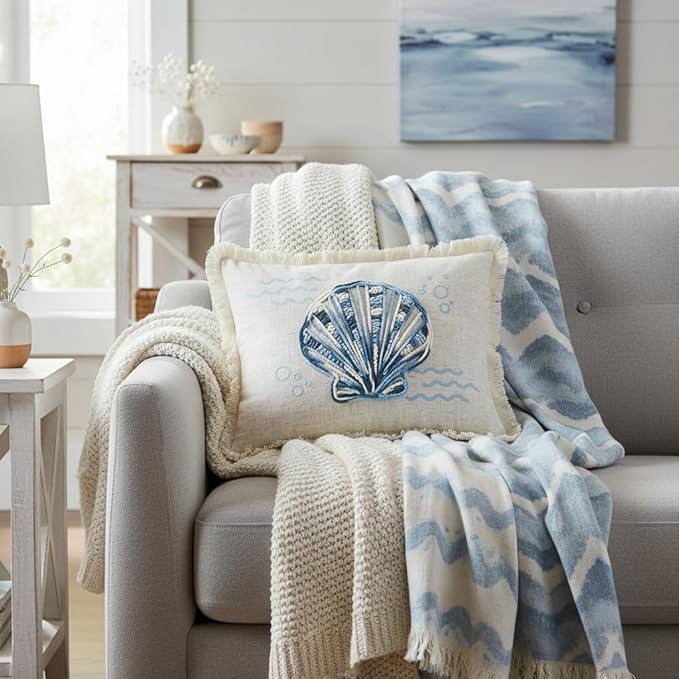 Comfy Hour 18"x13" Blue and White Scallop Shell Accent Pillow, Antique Vintage Figurine Style Home Decor, Coastal Lumbar Cushion with Removable Insert