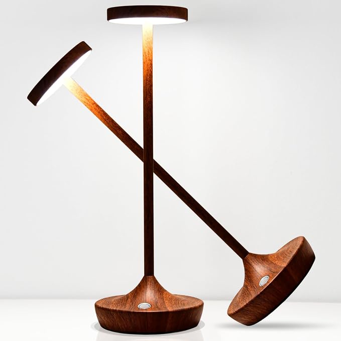 Rechargeable Cordless Table Lamp, 6000mAh Battery Powered LED Desk Lamp, Portable Metal Touch Lamp with 3-Level Dimming, Waterproof Outdoor Light for Patio, Restaurant, Dining (2 Woodgrain)