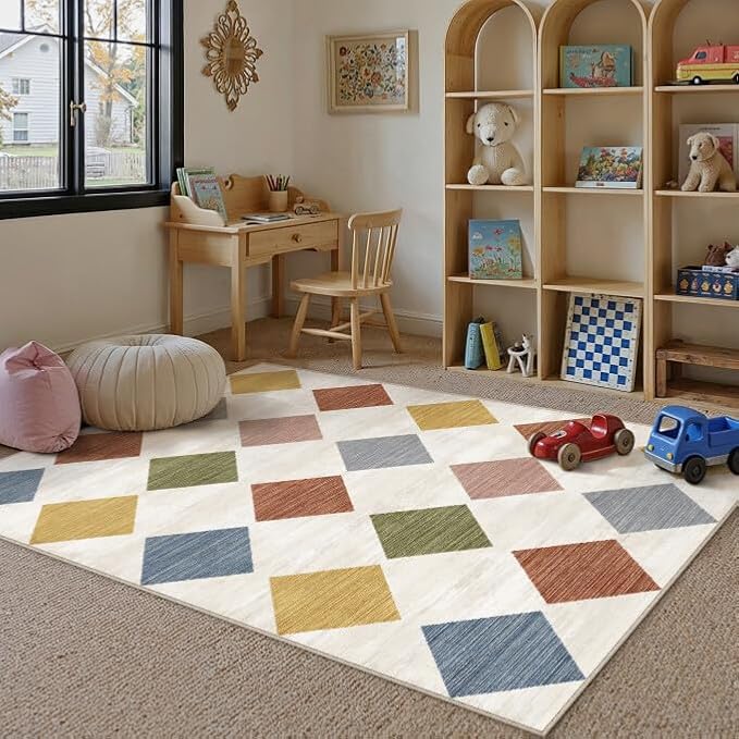 PureCozy Machine Washable 4x6 Area Rugs for Kids Room Modern Soft Colorful Checkered Rug Non-Slip Low Pile Accent Indoor Office Carpet for Nursery Bedroom Living Dining Classroom
