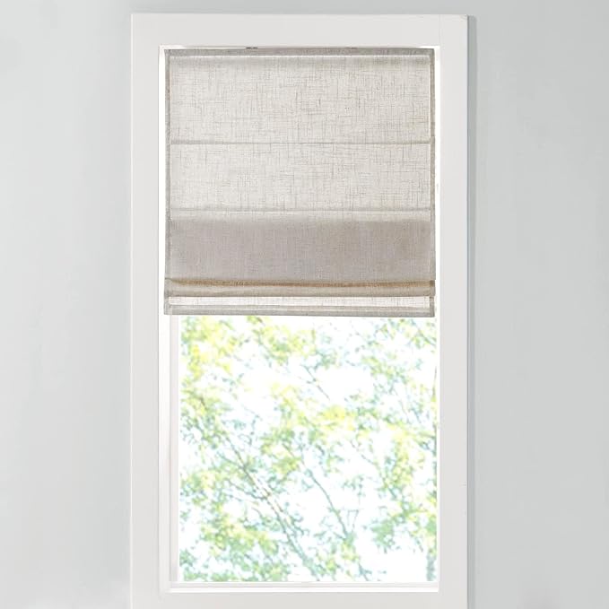 Madison Park Kyler Cordless Roman Shades - Single Panel, Lightweight Linen Blend Fabric, Natural Design, Easy Installation, Light Filtering Window Blind, Bedroom, Living Room Decor 34"W x 64"H Natural
