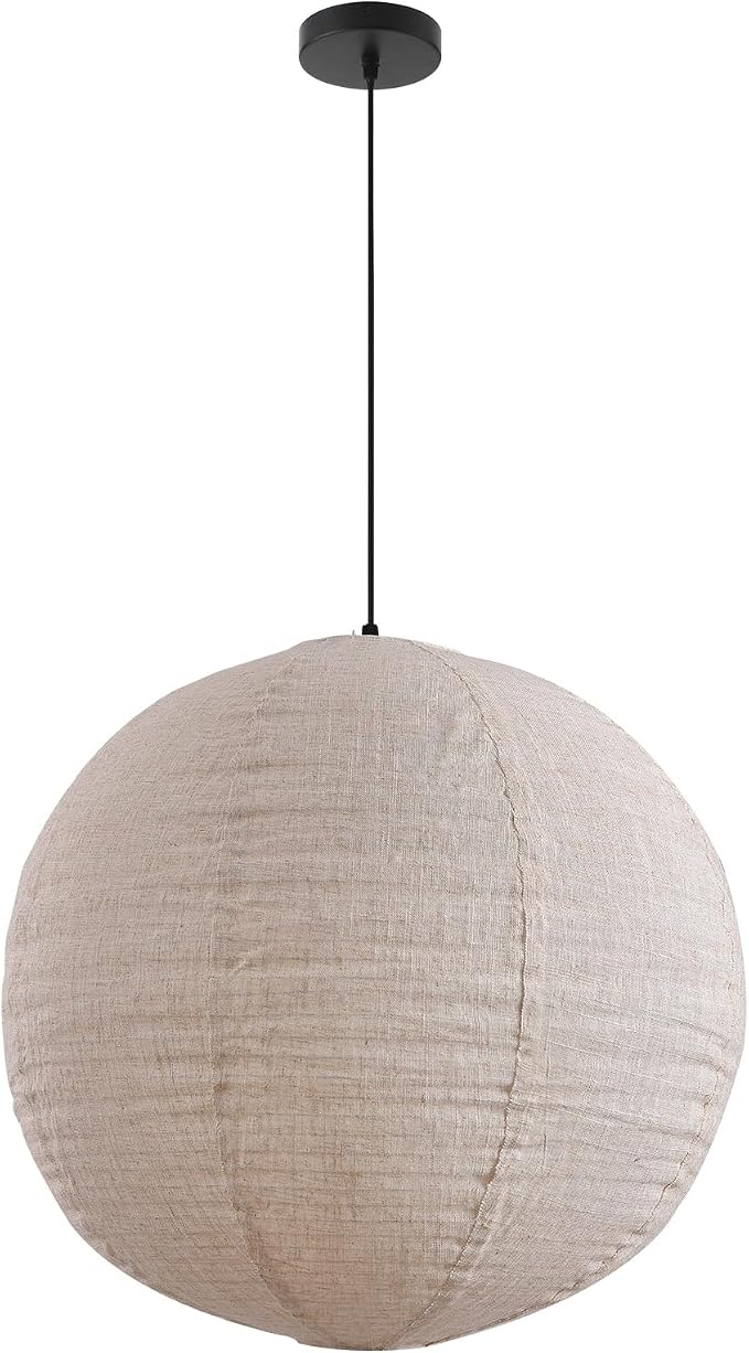 Linen Pendant Light Kit with Cord and Ceiling Canopy, 20in Off-White Round Japanese Japandi Wabi Sabi Lantern Hanging Lamp Chandelier for Living Dining Room Bedroom Rented Apartment 1 Pack