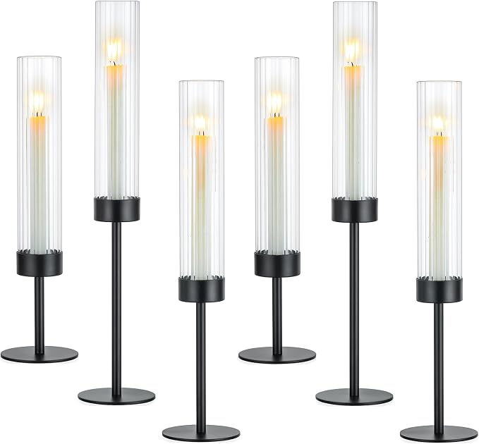 Hewory Black Taper Candle Holders: Candlestick Holders Set of 6 Hurricane Glass Tall Candle Holder for Candlesticks Candle Sticks Holder Decor for Table Centerpiece Wedding Party Christmas Decorations
