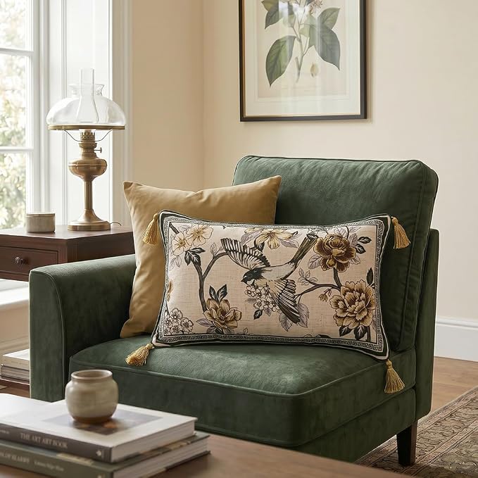 ISAENNE Vintage Linen Rectangle Throw Pillow Cover,Set of 2,20"x12"-Murad A | Designer French Decor Pillow Cover,Concealed Zipper Design,Floral and Bird Pattern,Sofa,Bedroom,Living Room,Lounge Chairs