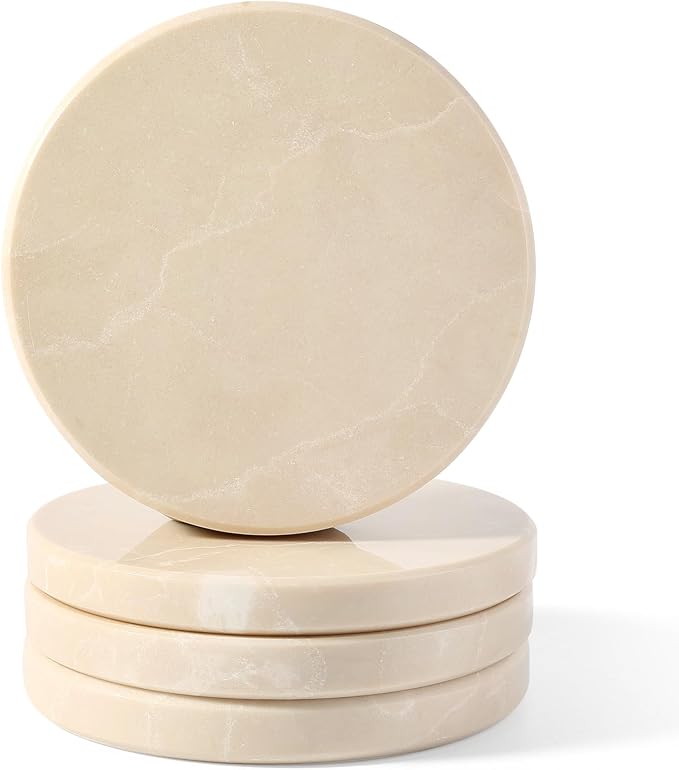 Koville Marble Coaster Set of 4, Round Coasters, 4" Stone Coaster for Drinks Coffee, Marble Coasters for Coffee Table Home Bar Decor, Heat Resistant, Gift Choice(Beige)