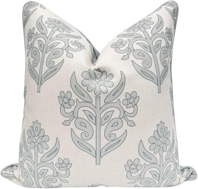 Jillien Harbor “The Naples” Floral Block Print Pillow Cover – Soft Grey and Off-White Decorative Throw Pillow Cover – Grandmillennial Home Decor, 24" x 24"