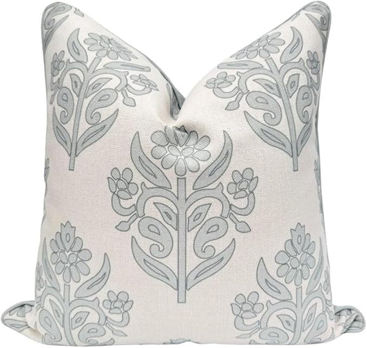 Jillien Harbor “The Naples” Floral Block Print Pillow Cover – Soft Grey and Off-White Decorative Throw Pillow Cover – Grandmillennial Home Decor, 24" x 24"