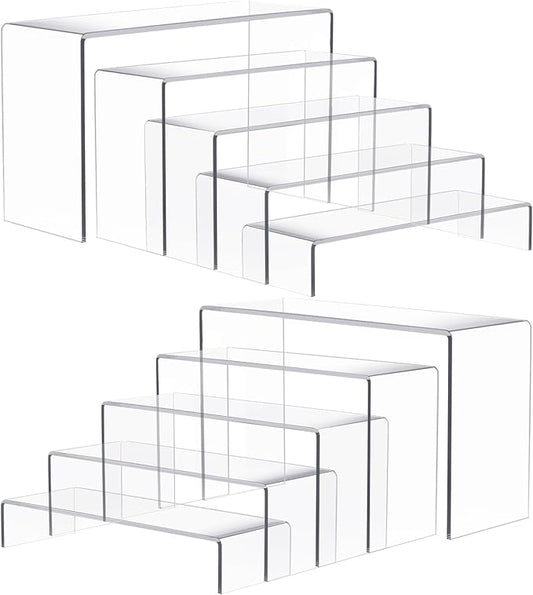 Anglelife 10 Pcs 2 Set 5 Size Large Acrylic Risers, (7”L~8”L~9”L) Rectangular Clear Risers Display Shelves, Transparent Acrylic Risers for Decor, Cupcake Candy Shoe Showcase Stands