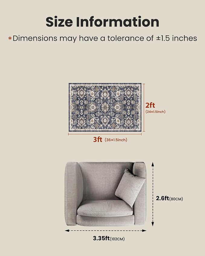 AMADA HOMEFURNISHING 2x3 Washable Area Rug, Low-Profile Entryway Rug with Non-Slip Backing & Durable Edge Binding, Vintage Rug Pattern, Small Rugs for Entryway, Kitchen & Living Room
