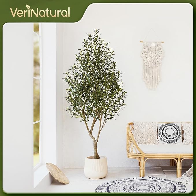 Artificial Olive Tree 7FT Fake Plants Indoor - UV Resistant Faux Olive Tree in Black Pot, Outdoor Tall Faux Silk Tree - Fake Trees for Modern Home Decor,Living Room, Office, Patio, Balcony, VN154