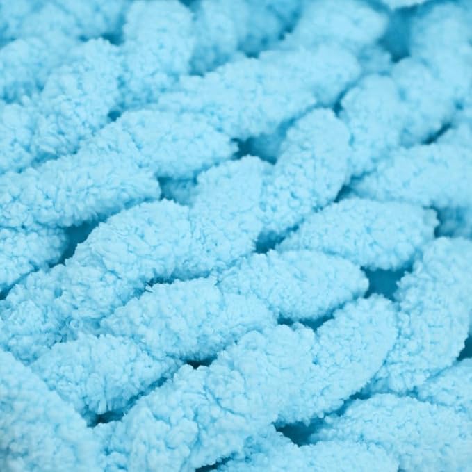 Handmade Chunky Knit Blanket, Cosy Chenille Throw (Blue, Throw (50" x 60"))