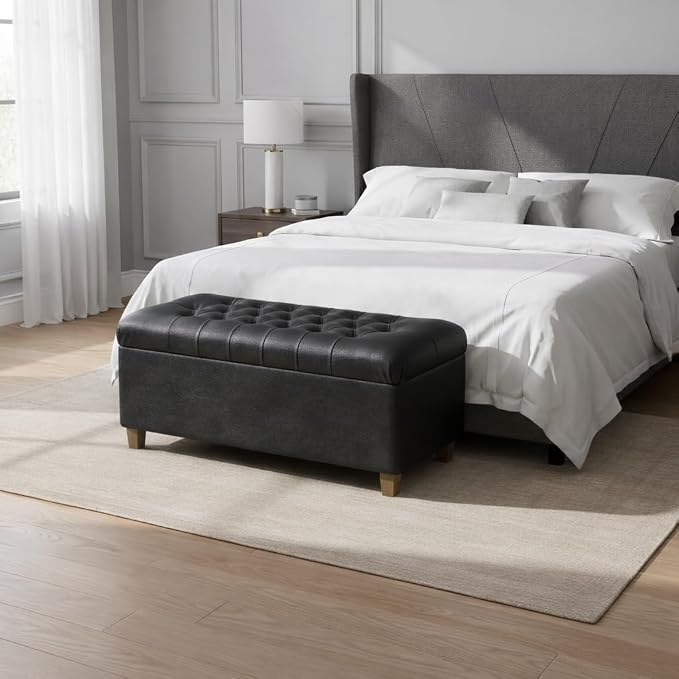 HomePop 40" Button Tufted Storage Bench - Black Faux Leather