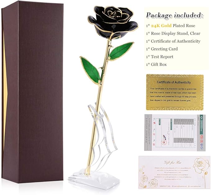 24K Gold Plated Black Rose, Forever Preserved Real Rose Lover Mom Wife Daughter Girl Friend (Black Rose with Stand)
