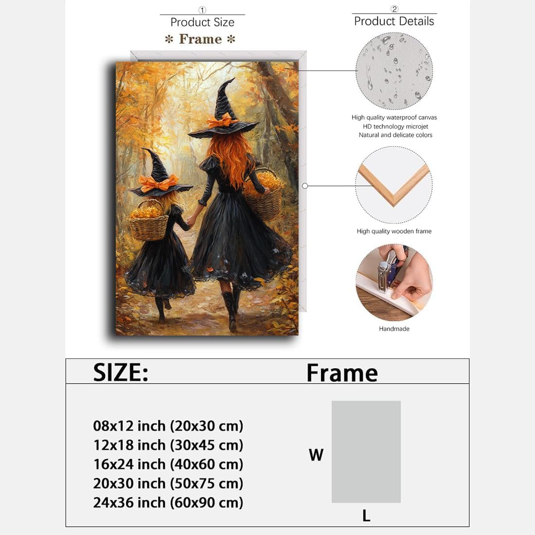 Mother Witch And Child Daughter Witch Wall Art,Halloween Autumn Woodland Forest Path Picture,Family Room Nursery Playroom Kids Room Decor,24"x36" Framed