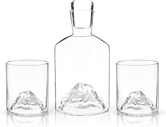 Viski Mountain Decanter and Tumbler Set, Percect for Scotch and Bourbon, Hand-Blown Whiskey Gifts for Men, Set of 3, 24oz Decanter, 9oz Tumblers