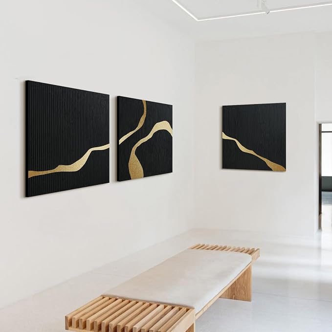 3-Piece Black Abstract Canvas Wall Art Set, Modern Minimalist Wall Decor | Textured Oil Painting Triptych for Living Room Bedroom Office Dining Room, Contemporary Hand-Painted Wall Art,30x30 In Each