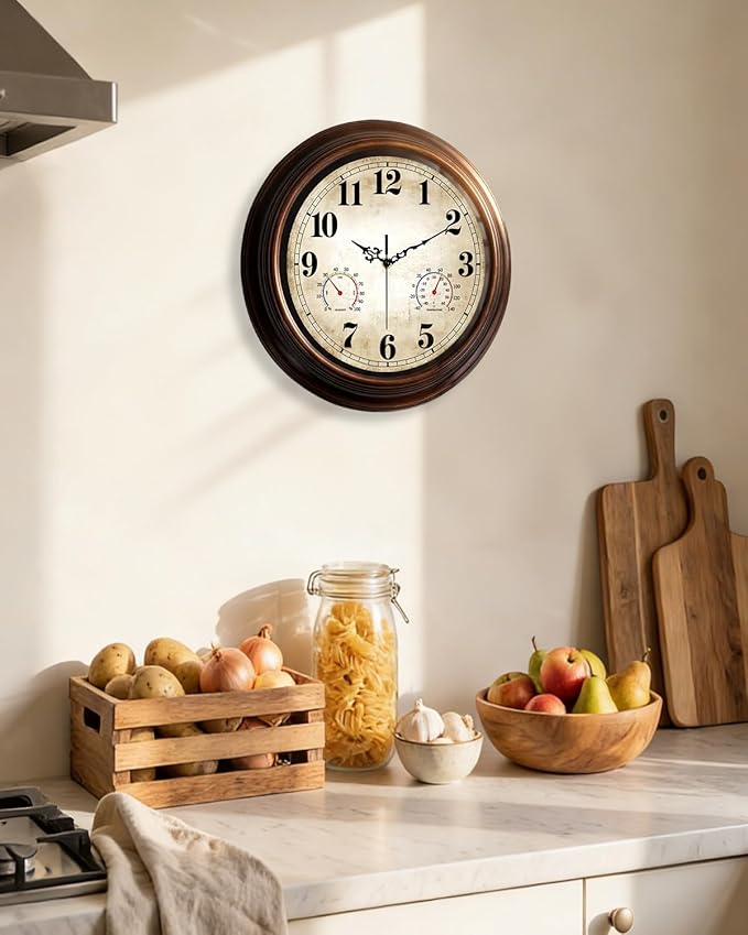 Vintage Wall Clock 16 Inch Quartz Silent Non-Ticking Analog Clock with Thermometer and Hygrometer, Battery Operated Rustic Round Decorative Clock for Living Room Home Office Classroom