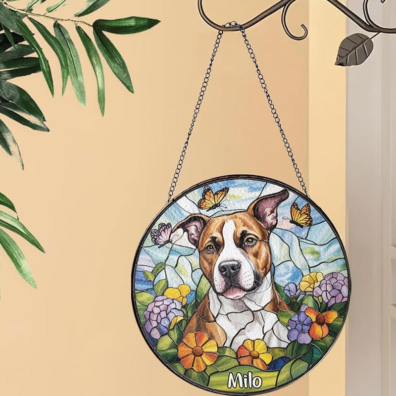 Custom Stained Glass Dog Portrait with Pet Name, Personalized Window Hanging, Pet Loss Memorial Gift, Unique Keepsake Decoration for Dog Lovers