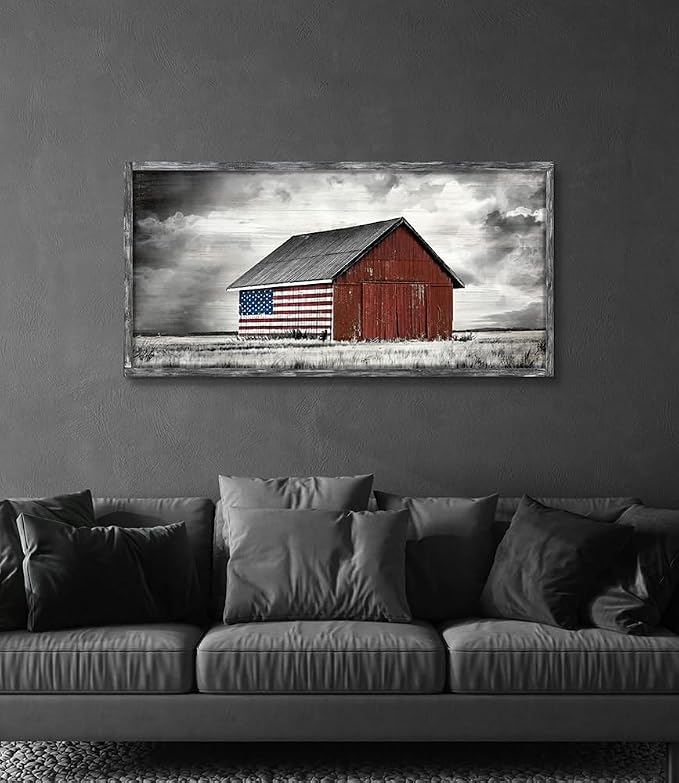 Barn Wall Art Wood Picture: Large Farmhouse Country American Flag Framed Painting Decor Black White Rustic Farm Countryside Landscape Artwork Panoramic Horizontal Rural Nature Scene Print for Living Room Bedroom