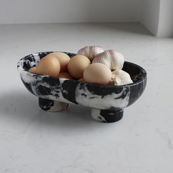Nawgnail Natural Oval Calacatta Black Marble Fruit Bowl for Kitchen Counter 10", Large Decorative Bowl Two-Legs for Home Decor, Fruits Holder For Dining Table - Kitchen Organization
