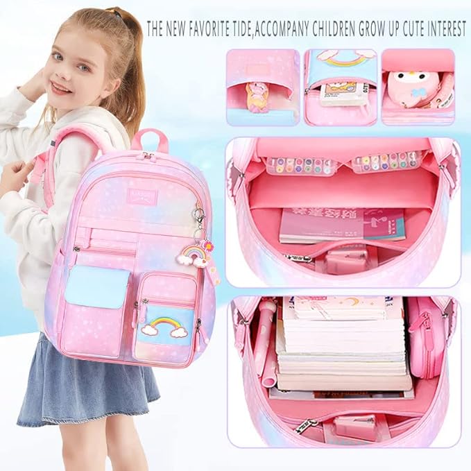 Kawaii Backpack, Pink Backpack for Girls, Kid Starry Rainbow Bookbag, Cute Backpack for Kids, Aesthetic Backpack, Blue(3 PCS Set)