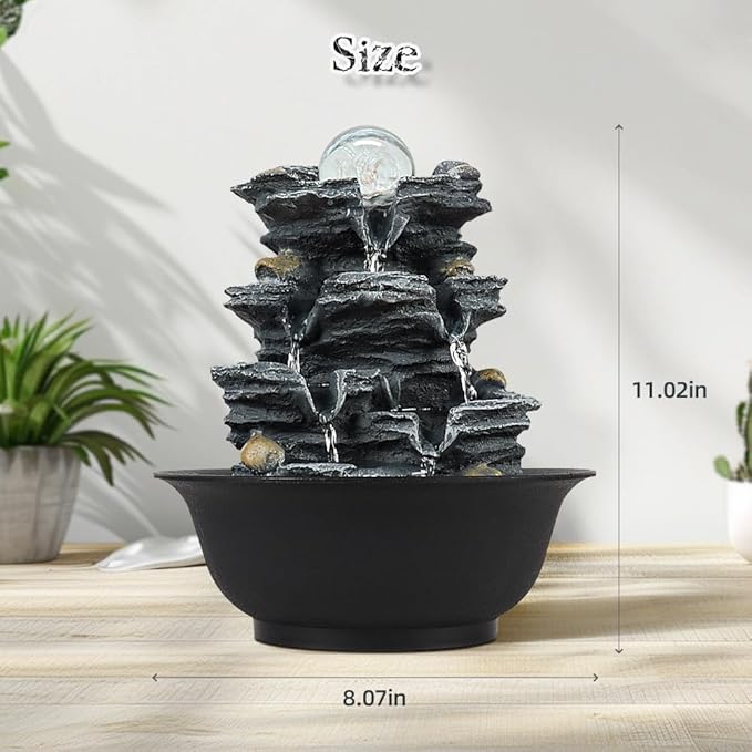 Tabletop Water Indoor Fountain Waterfall Indoor Water Fountains Feng Shui Zen Decorative Desktop Fountain with Colored Led Light and Spinning Ball for Room,Office(Style 1)