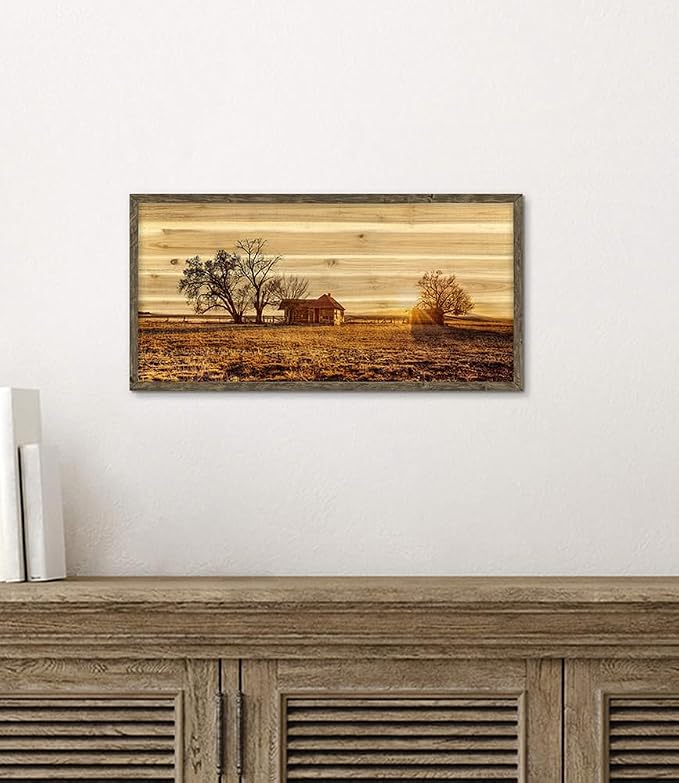 Bedroom Framed Wall Art Picture: Farmhouse Country Barn Wooden Painting Living Room Horizontal Nature Landscape Sunset View Print Long Panoramic Rustic Farm Cabin Sunrise Scene Artwork for Home