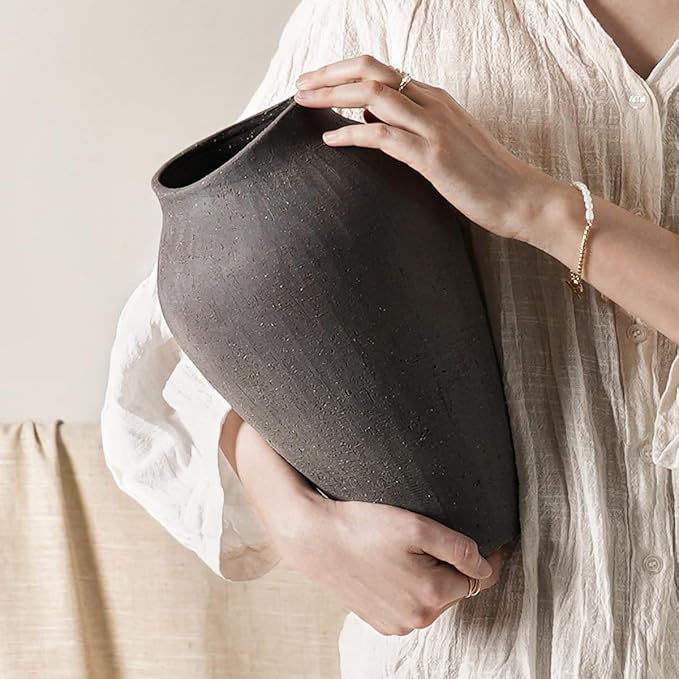 Ceramic Vase - Large 11.8 Inch Tall Floor Vase for Centerpieces, Farmhouse Flower Vases, Rustic Minimalist Home Decor for Living Room, Enterway, Wedding (Sandstone Dark Gray)