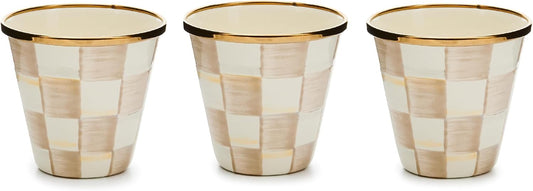 MACKENZIE-CHILDS Enamel Herb Pots, Small Plant Pots for Herbs or Flowers, Set of 3, Brown-and-White Mocha Check