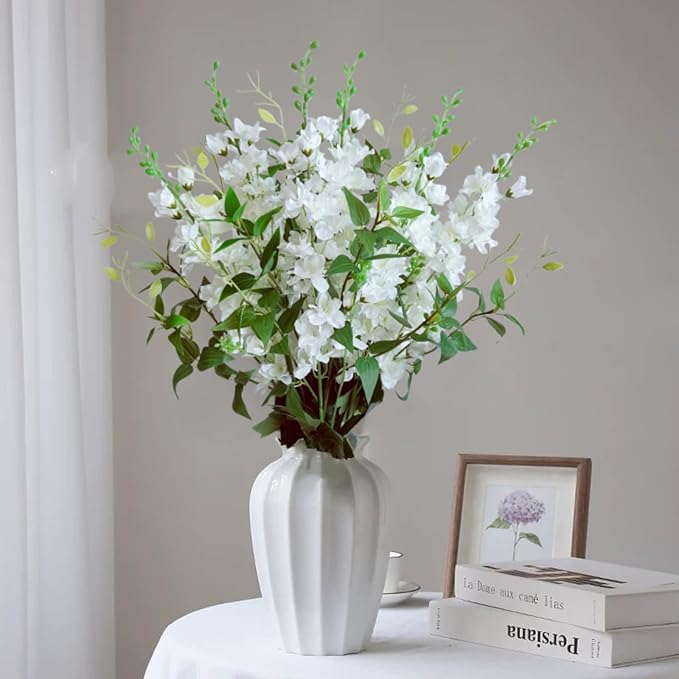 9 pcs Delphinium Artificial Flowers, 34.25''Artificial Snapdragon Flowers Tall Fake Flowers Silk Flowers Faux Delphinium Bulk for Tall Vase Home Wedding Garden Table Decor (White+A)